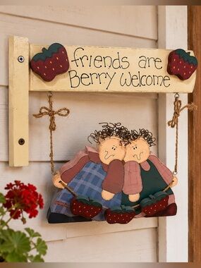 Country Wooden “Friends Are Berry Welcome” Hanging Wall Sign